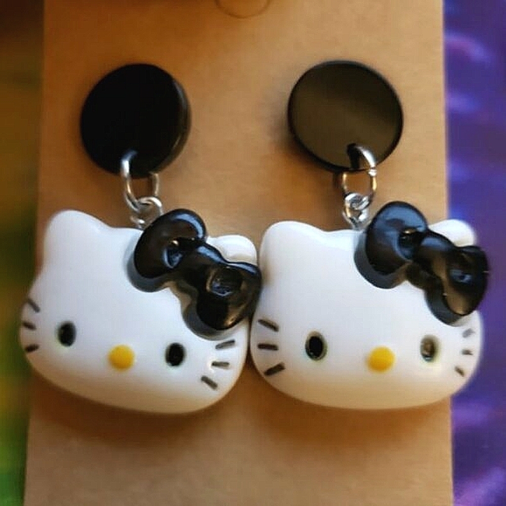 Handmade Dangle Black and White Hello Kitty Earrings